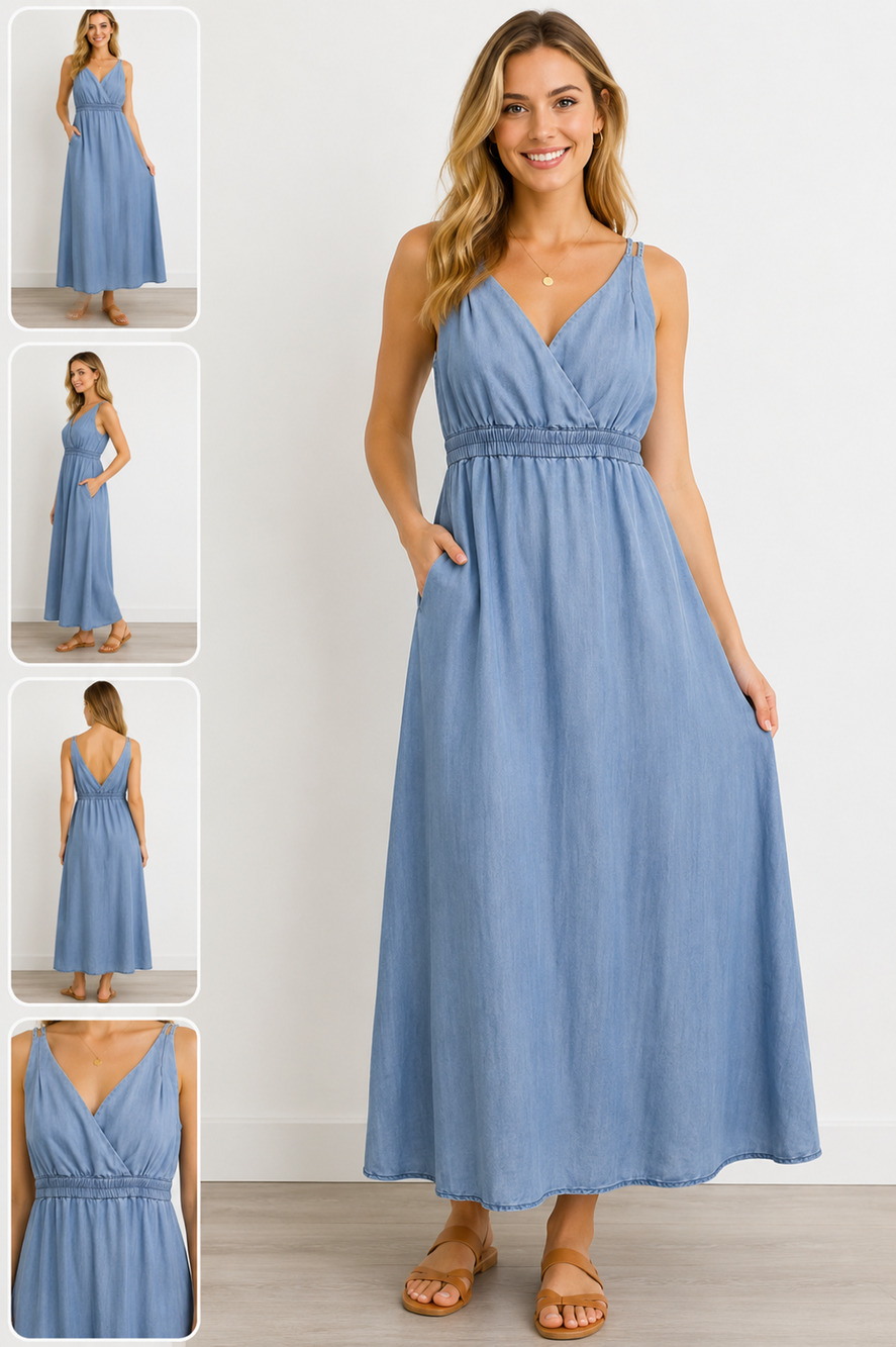 Holding Horses by Anthropology Blue Jean Chambray Denim Maxi Dress Bohemian 4 P